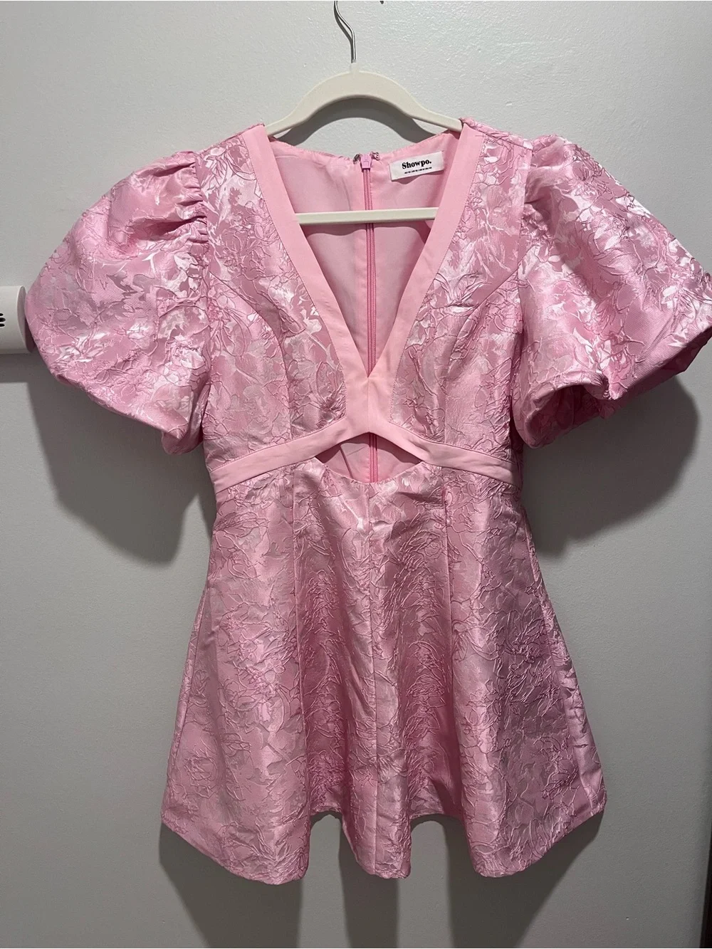 Showpo Pink Floral Jacquard V-Neck Puff Sleeve Mini Dress